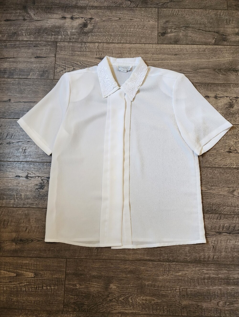 Vintage Impressions of California Women Sz 10 White Blouse Lace Collar Button Up